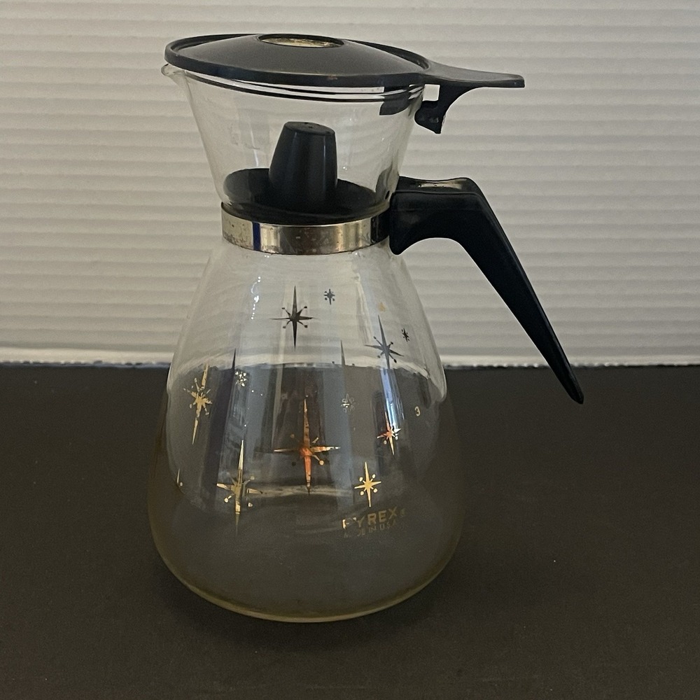 VTG 6.5" Mini Pyrex Gold Atomic Starburst 4Cup Coffee Carafe Pot W/Stopper MCM